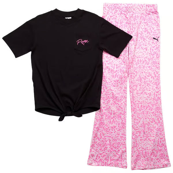 Puma Tie Front Pocket Tee & Leopard Legging Set