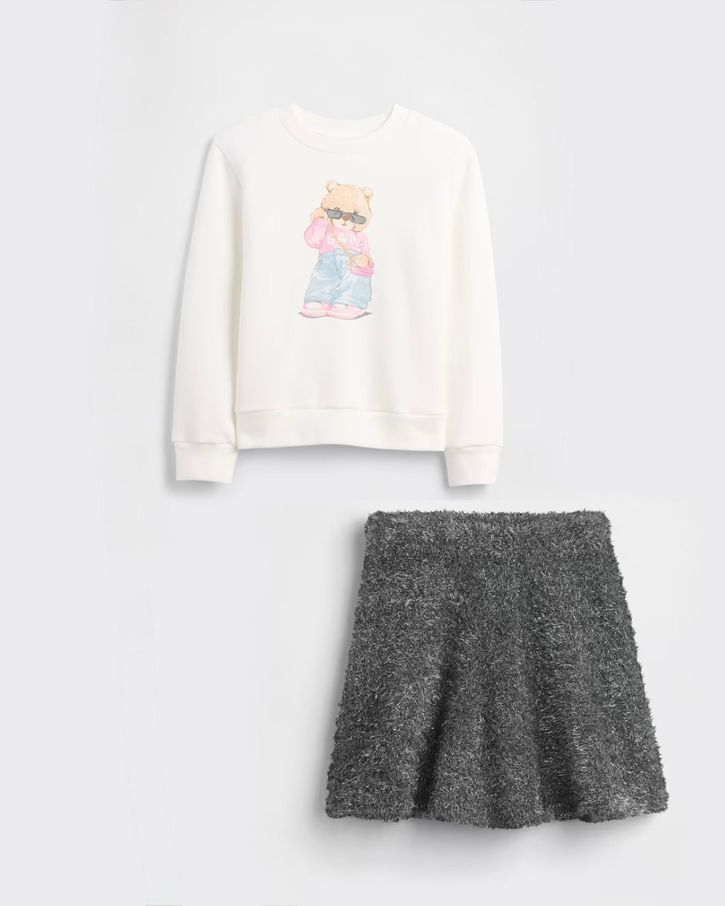 GAP Graphic Sweatshirt & Wicked Tinsel Eyelash Sweater Skirt