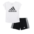 Adidas Girls White Glittery T-Shirt with Black Athletic Shorts