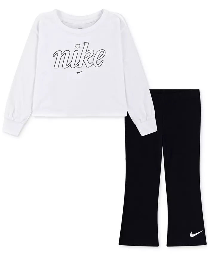 Nike White Black Logo Top & Flared Pants Set