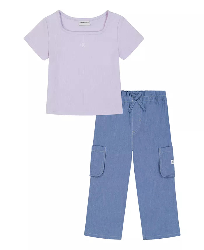 Calvin Klein Square Neck T-Shirt and Wide Leg Denim Pants Set