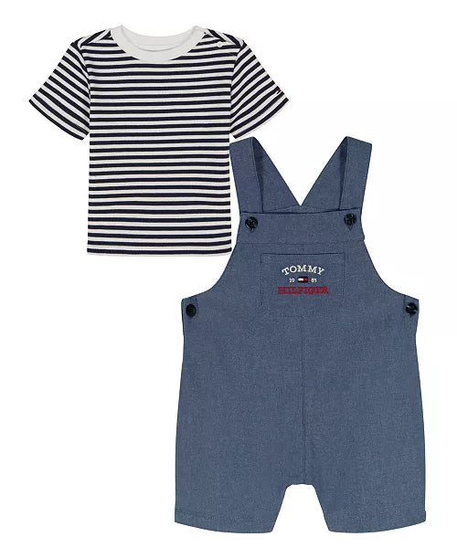Tommy Hilfiger Striped Crewneck T-Shirt and Signature Denim Shortalls