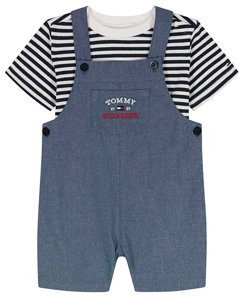 Tommy Hilfiger Striped Crewneck T-Shirt and Signature Denim Shortalls