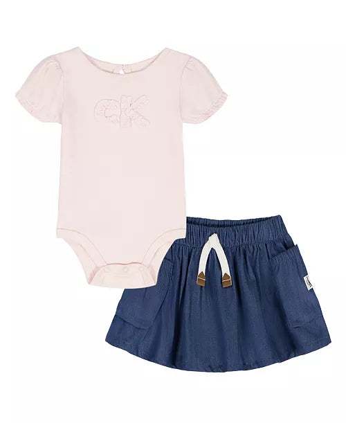 Calvin Klein Shirred Bodysuit and Flared Denim Skirt Set
