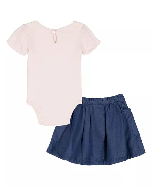 Calvin Klein Shirred Bodysuit and Flared Denim Skirt Set