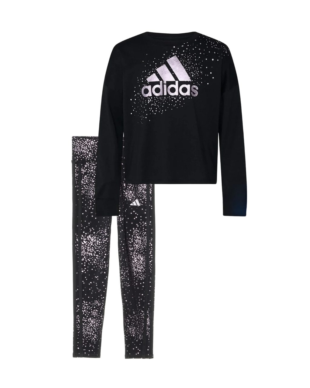 Adidas Long Sleeve Foil Logo with Stars Boxy Tee & Glam Foil Stars & Dot 3 Stripe Cozy Leggings Set