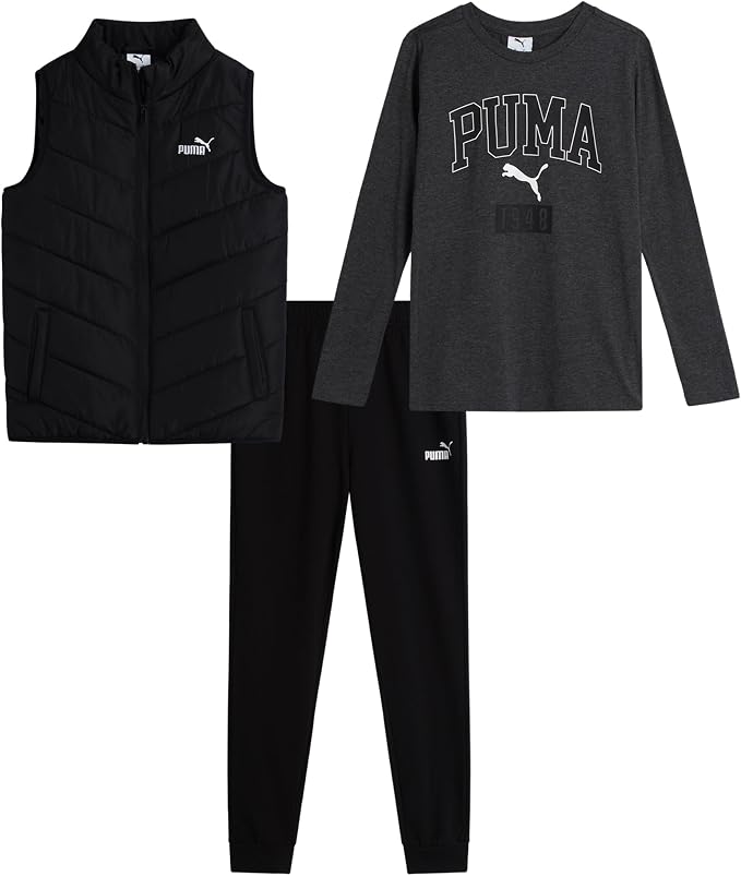 PUMA 3 Piece Zip Vest Long Sleeve Tee & Fleece Jogger Pants Set