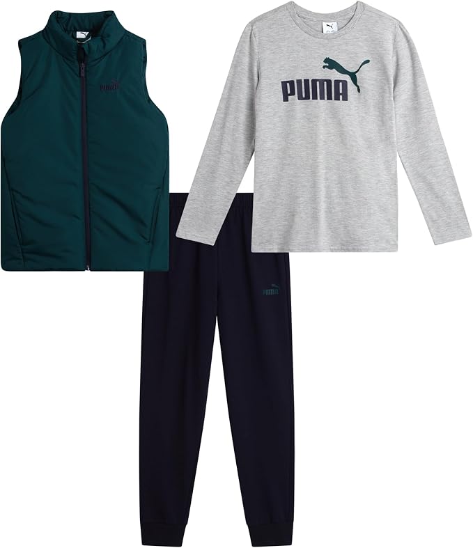 PUMA 3 Piece Zip Vest Long Sleeve Tee & Fleece Jogger Pants Set