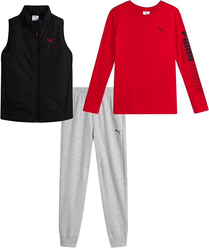 PUMA 3 Piece Zip Vest Long Sleeve Tee & Fleece Jogger Pants Set
