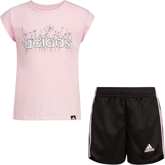 Adidas Girls 2 Piece Graphic Tee & Mesh Short Set