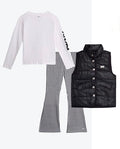 DKNY Puffer Vest, Long Sleeve Shirt, and Flare Leggings Set