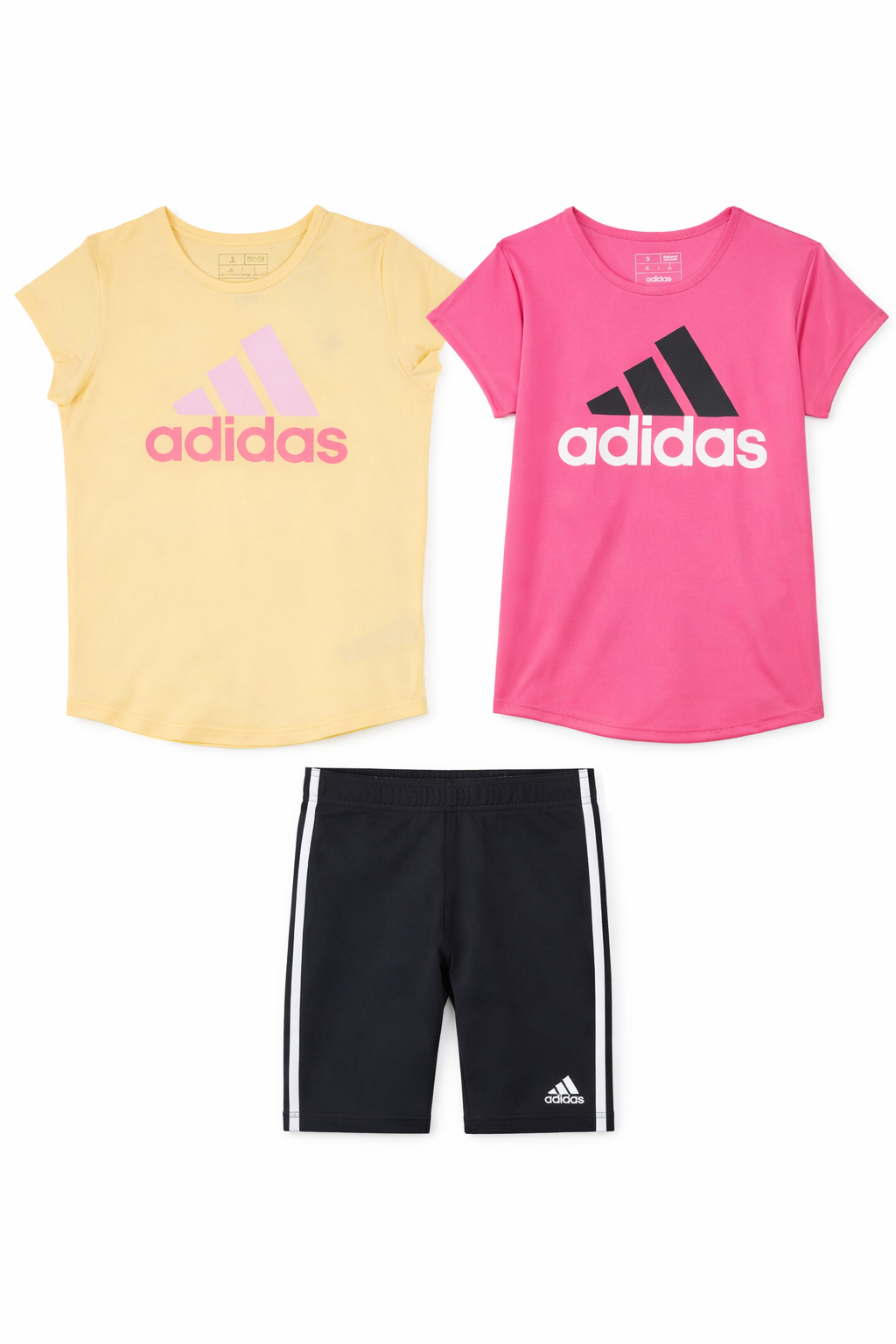 Adidas Girls 3-Piece Set – Yellow & Pink Tees with Black Bike Shorts