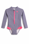 Navy Stripe Long Sleeve Swimsuit with Pink Zip