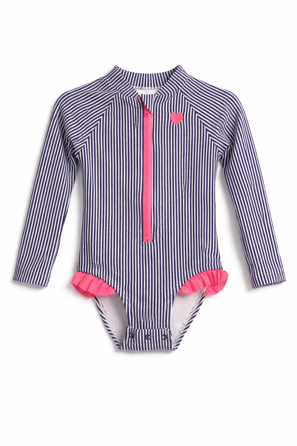 Navy Stripe Long Sleeve Swimsuit with Pink Zip