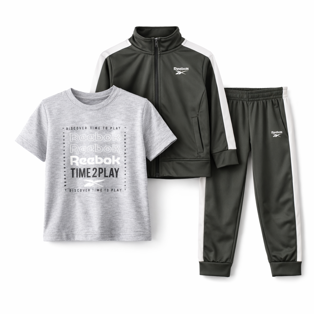 Reebok Tricot Zip Sweatshirt, Jogger Sweatpants, and T-Shirt Set