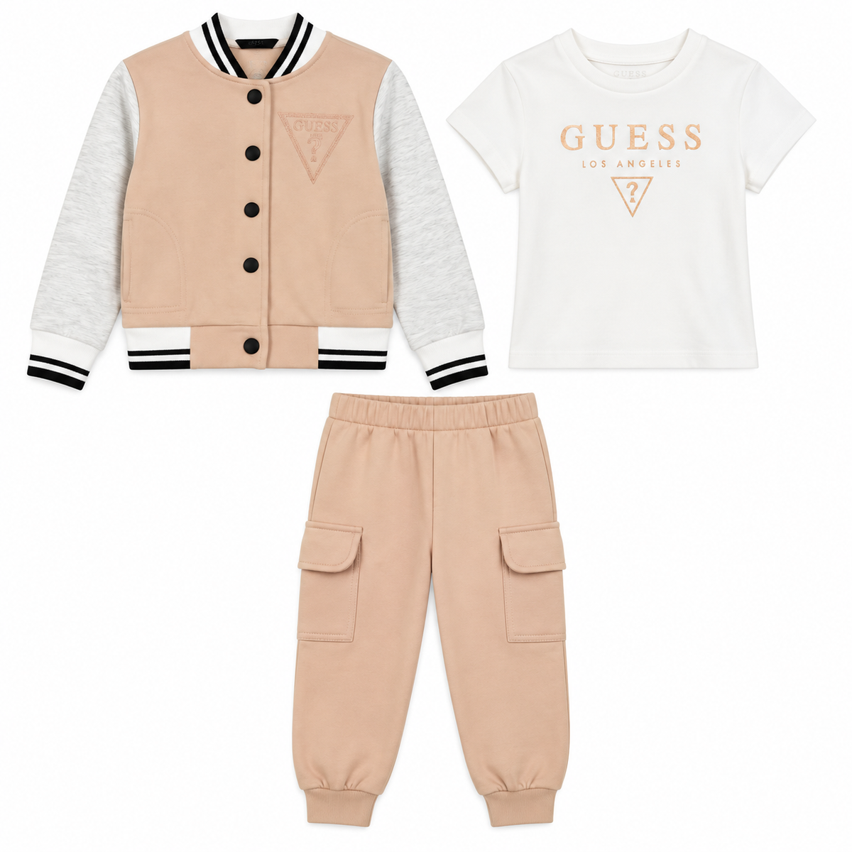 Guess Fleeced Varsity Jacket, Cotton Logo T-Shirt & Fleeced Cargo Joggers Set
