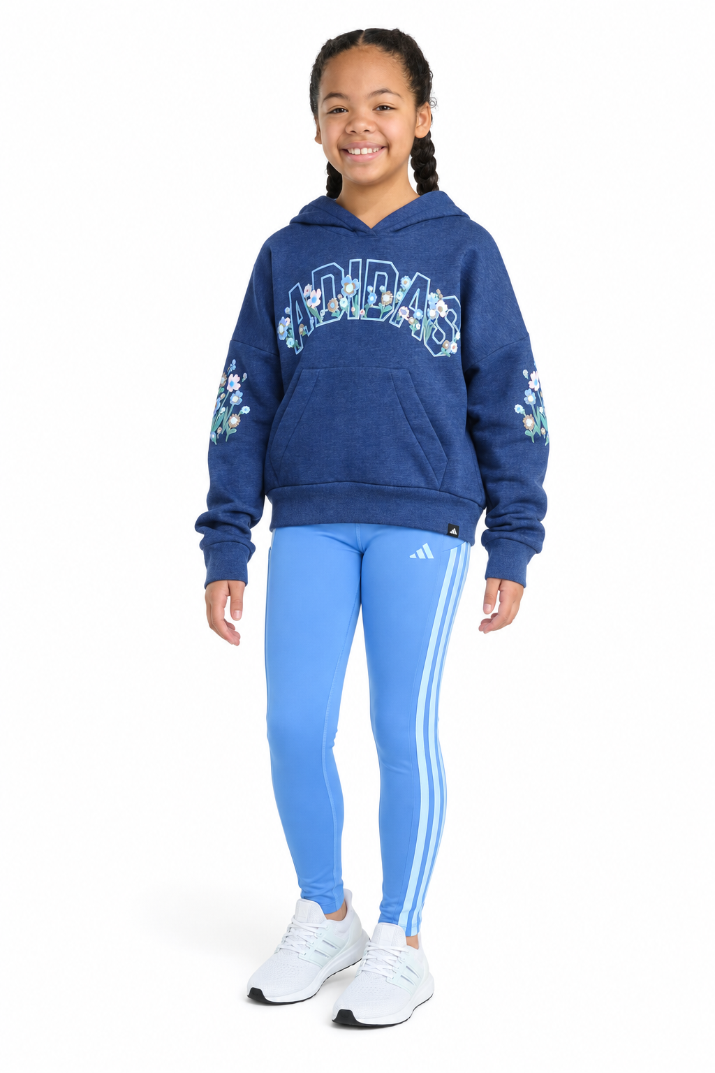 Adidas Puffy Florals Loose Fit Hoodie & Cellphone Pocket 3-Stripe Leggings