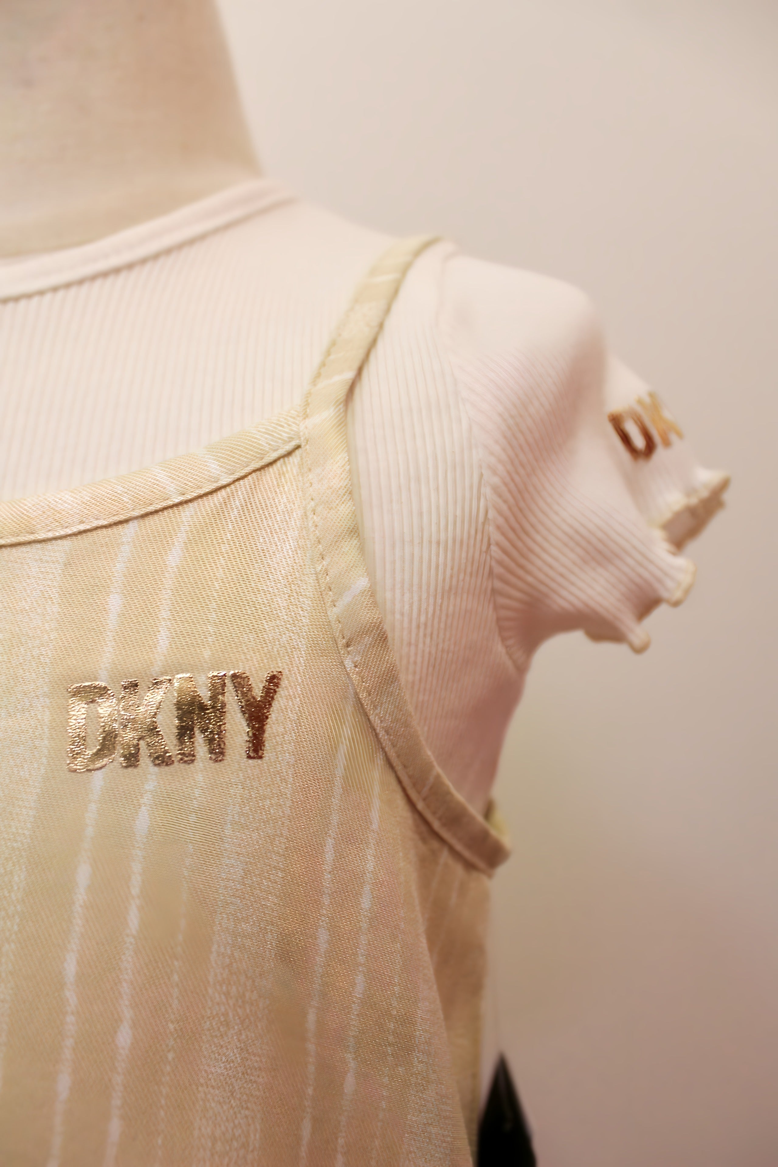 DKNY Striped Slip Dress with Ribbed Tee - Beige & Ovory