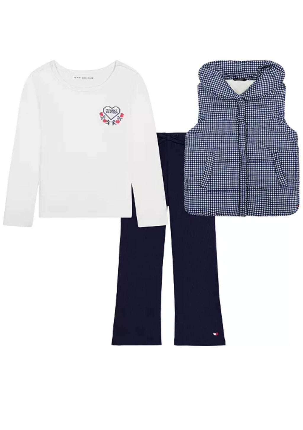Tommy Hilfiger Puffer Check Flare-Leg Vest, T-Shirt, and Pants, 3-Piece Set