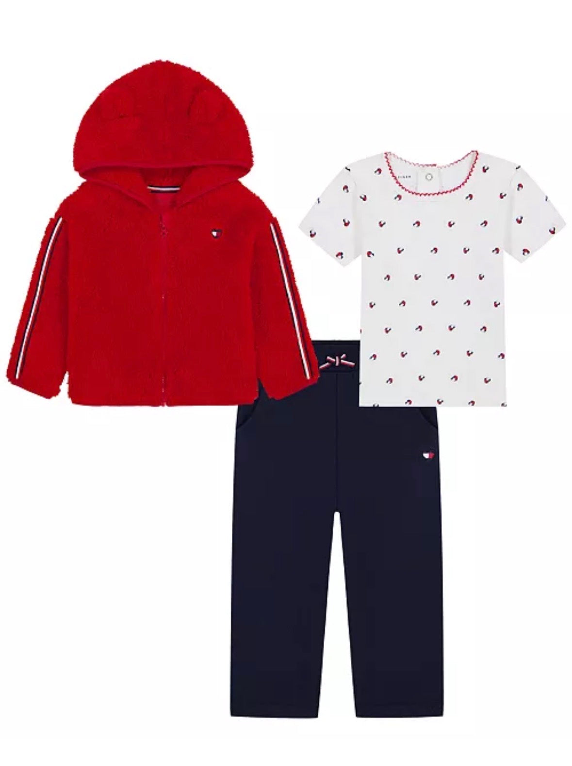 Tommy Hilfiger Baby Girls' Crewneck T-Shirt, Sherpa Hoodie, and Pants Set