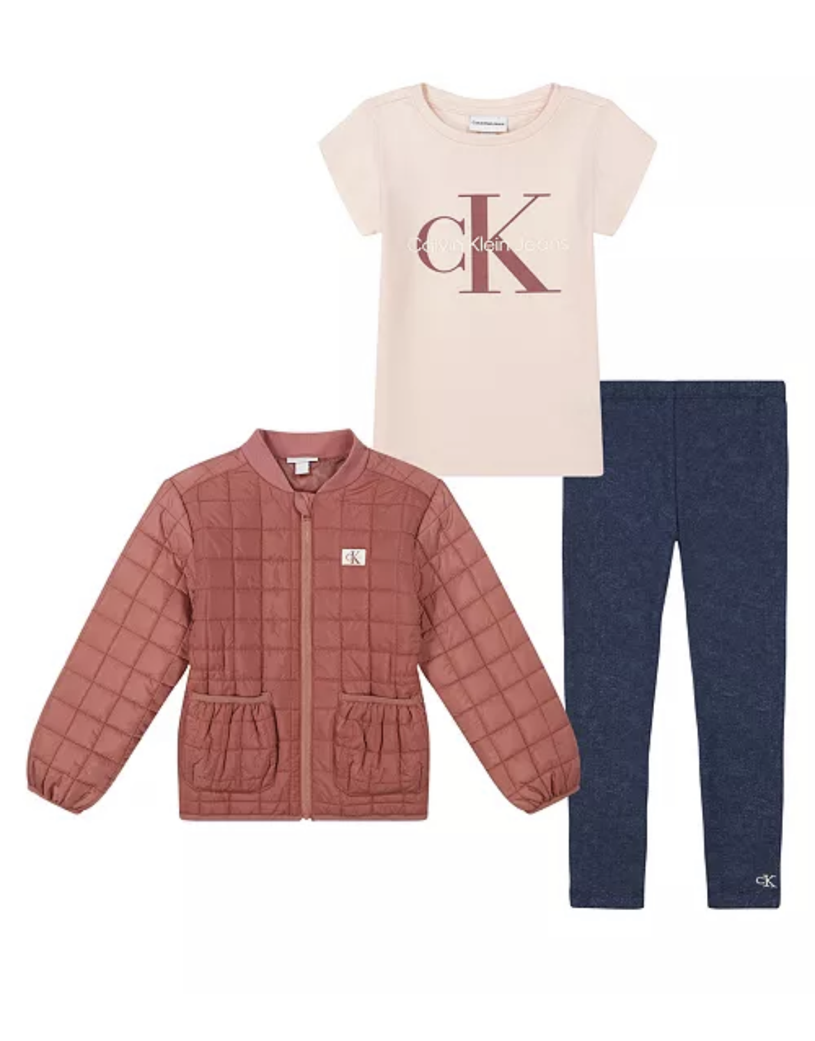 Calvin Klein Puff Jacket, T-shirt, and Leggings Set