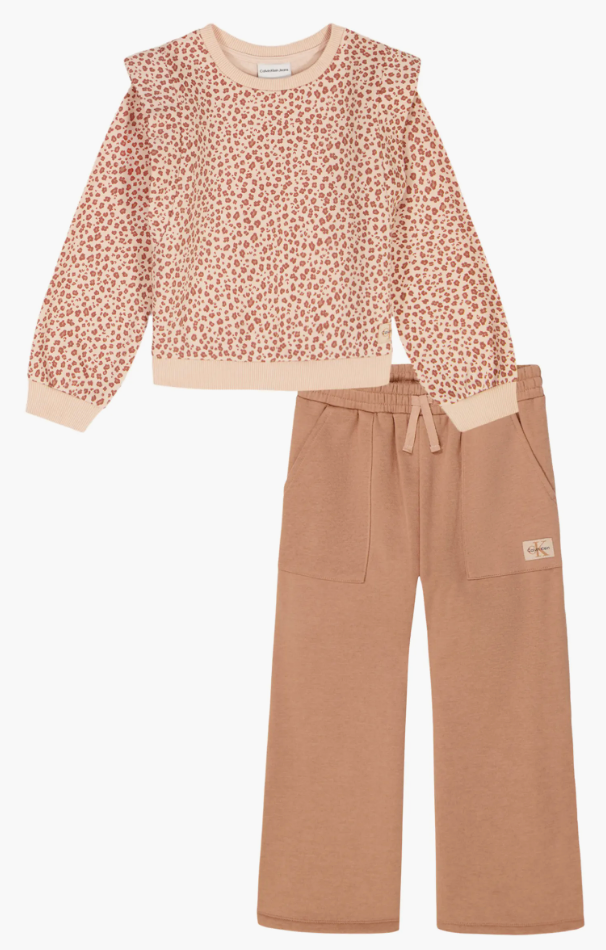 Calvin Klein French Terry Leopard Print Pullover & Wide Leg Pants Set