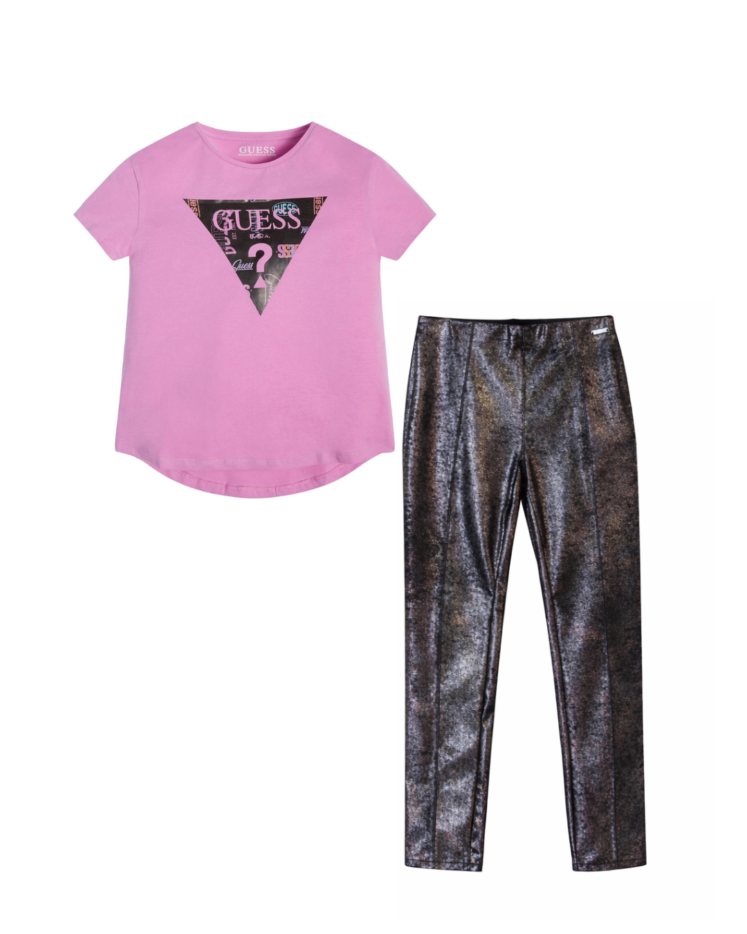 Guess Pink Logo Tee & Metallic Leggings Set