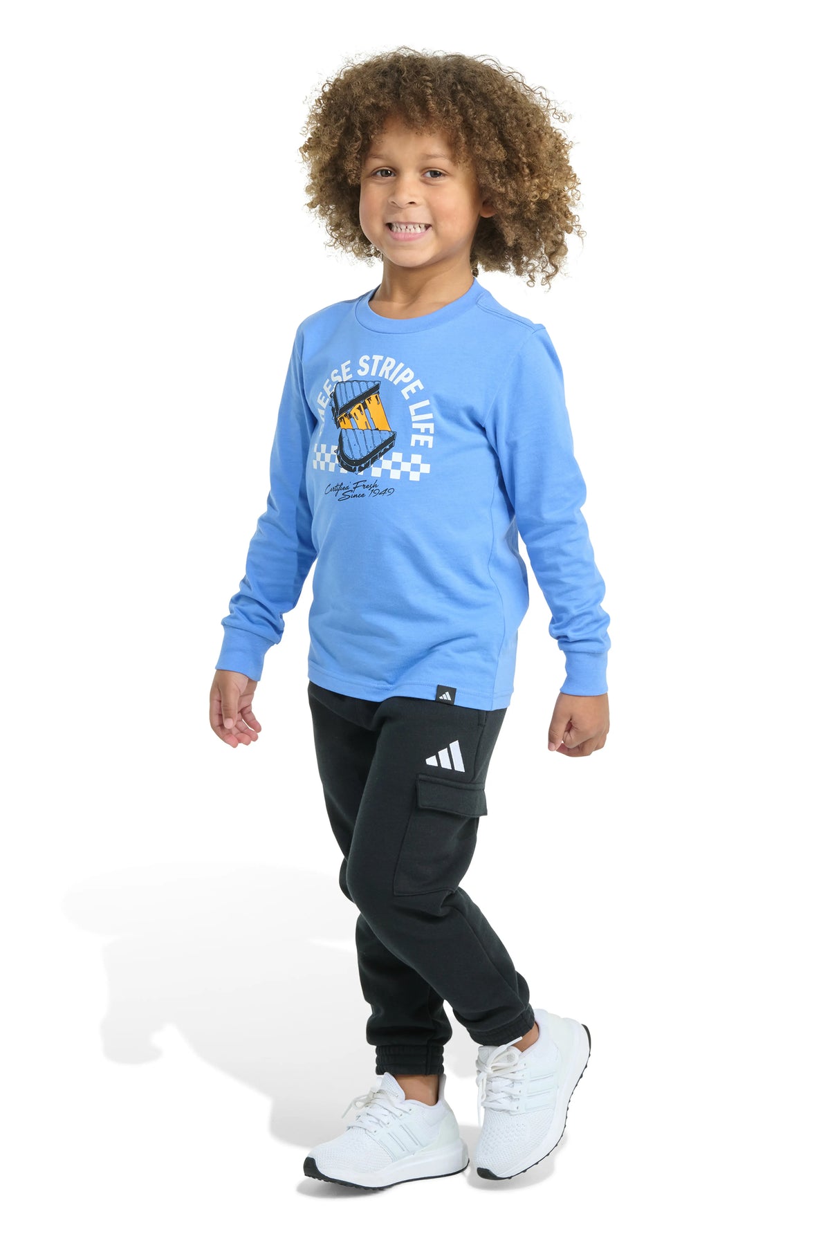 Adidas Long Sleeve Graphic Cotton Tee & Elastic Waistband Cargo Jogger Set
