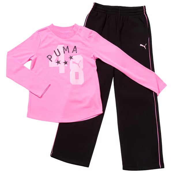 Puma Cotton Long Sleeve Tee & Fleeced Wide Leg Sweatpants Set