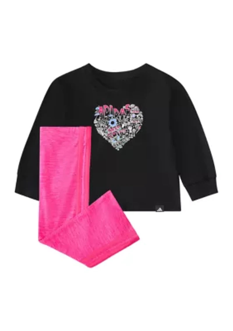 Adidas Baby Girls Two Piece Long Sleeve Graphic T-Shirt and Flare Pants Set