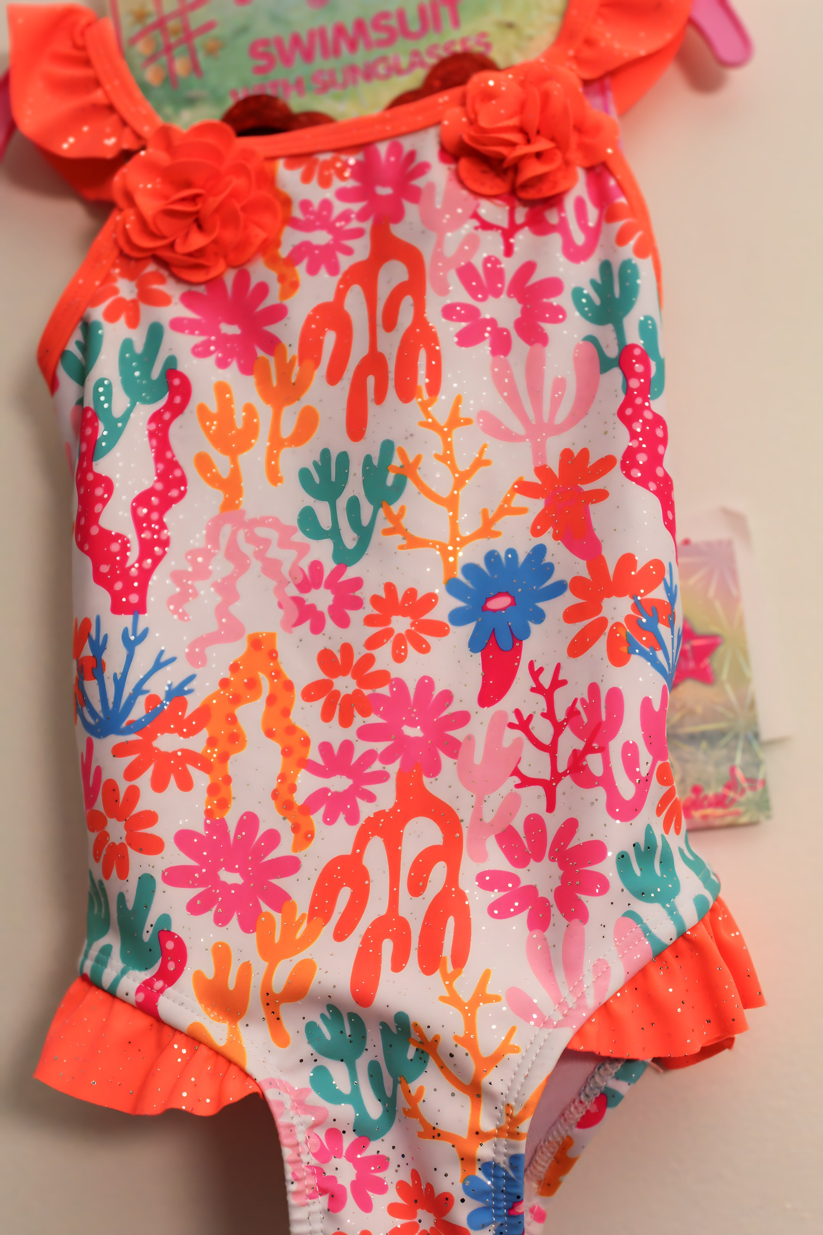Coral Garden Ruffle Swimsuit with Sunglasses